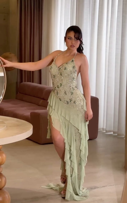 Halter Open Back Rhinestone Ruffle Asymmetrical Trailing Maxi Evening Dress
