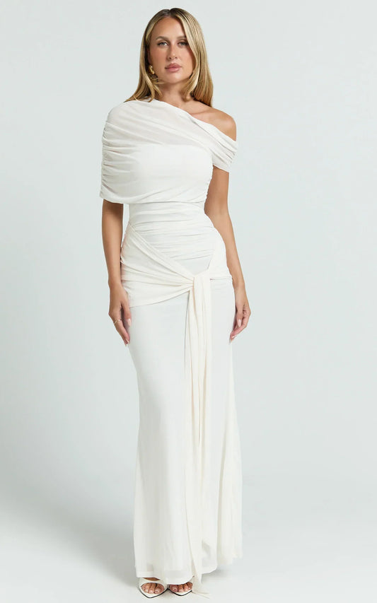 Nicolette Maxi Dress - Cape Sleeve Off Shoulder Dress In Cream