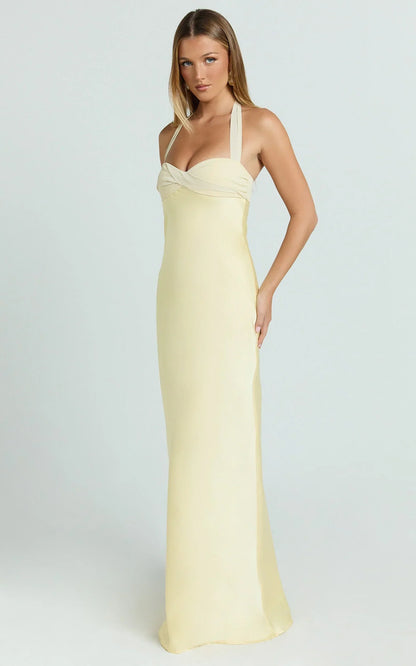 Flynn Maxi Dress - Satin Halter Sweetheart Neck Dress In Butter Yellow