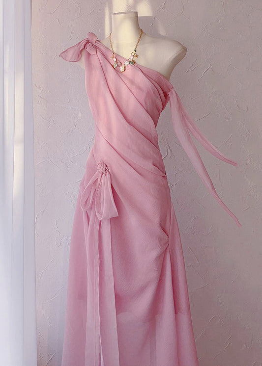 Elegant Pink Cold Shoulder Lace Up Chiffon Long Dress Sleeveless