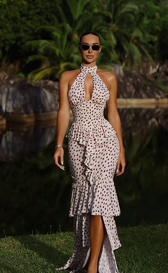Polka Dot Halter Cutout Ruffle Hem Mermaid Trailing Maxi Dress