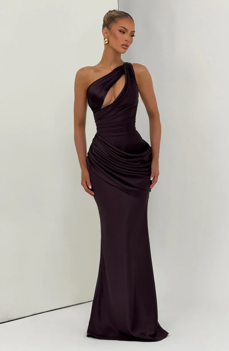 One Shoulder Cutout Satin Corset Ruched Bodycon Mermaid Evening Maxi Dress