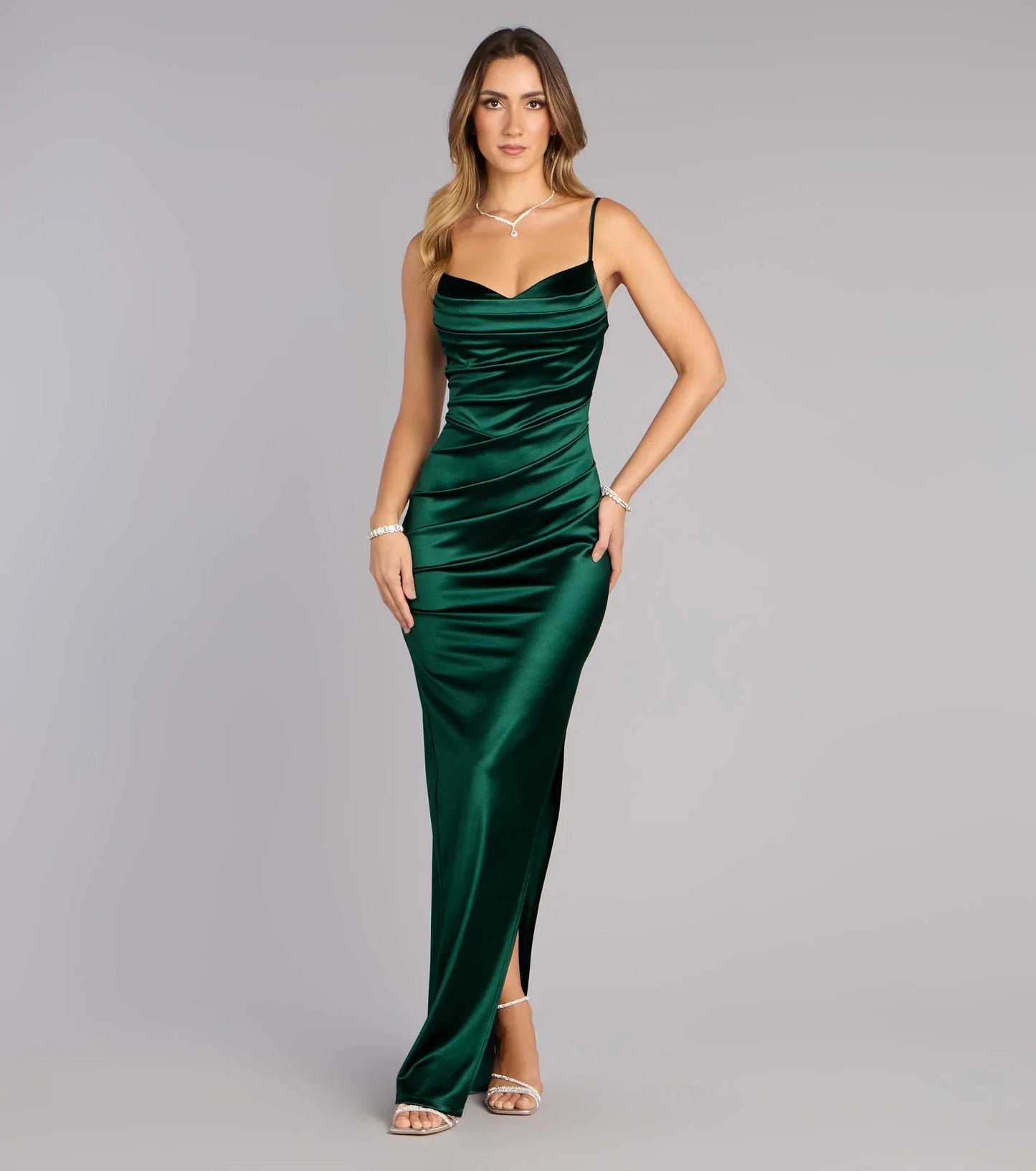 Jane Cowl Neck Slit Satin Formal Column Dress