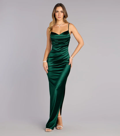 Jane Cowl Neck Slit Satin Formal Column Dress