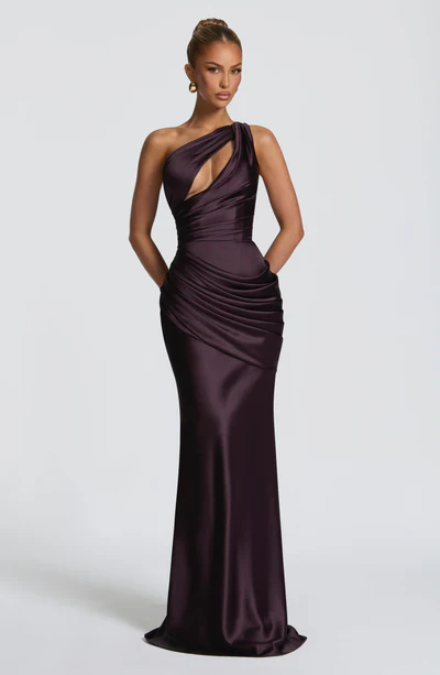 One Shoulder Cutout Satin Corset Ruched Bodycon Mermaid Evening Maxi Dress