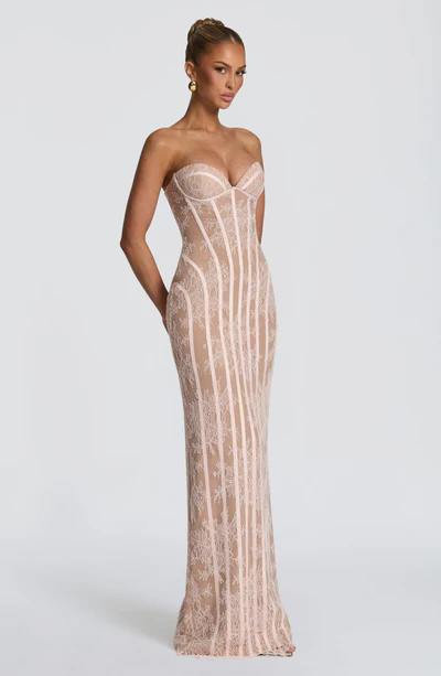 Strapless Off Shoulder Lace Corset Back Mermaid Maxi Evening Dress