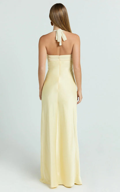 Flynn Maxi Dress - Satin Halter Sweetheart Neck Dress In Butter Yellow