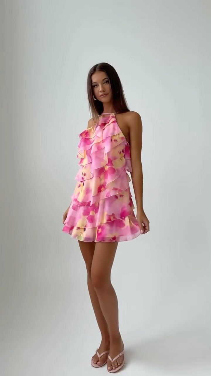 Pink Floral Halter Ruffled Chiffon Party Dress