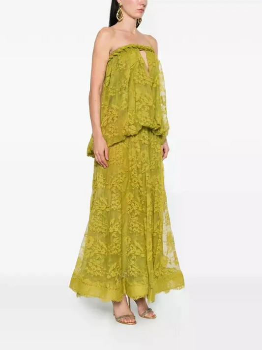 Boho Olive Green Jacquard Strapless Cutout Flare Maxi Dress | Vacation Elegant Slimming Dress