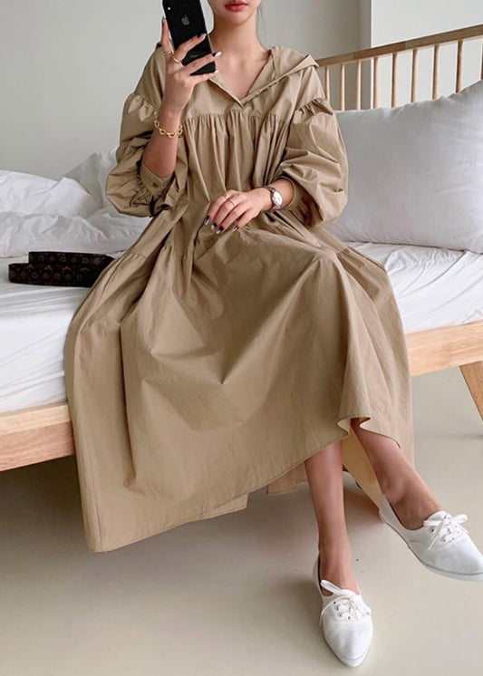 Plus Size Coffee Hooded Exra Large Hem Cotton Holiday Dress Fall