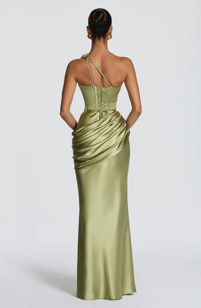 One Shoulder Cutout Satin Corset Ruched Bodycon Mermaid Evening Maxi Dress
