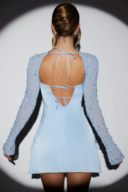 Long Sleeve Embellished A-Line Mini Dress In Blue