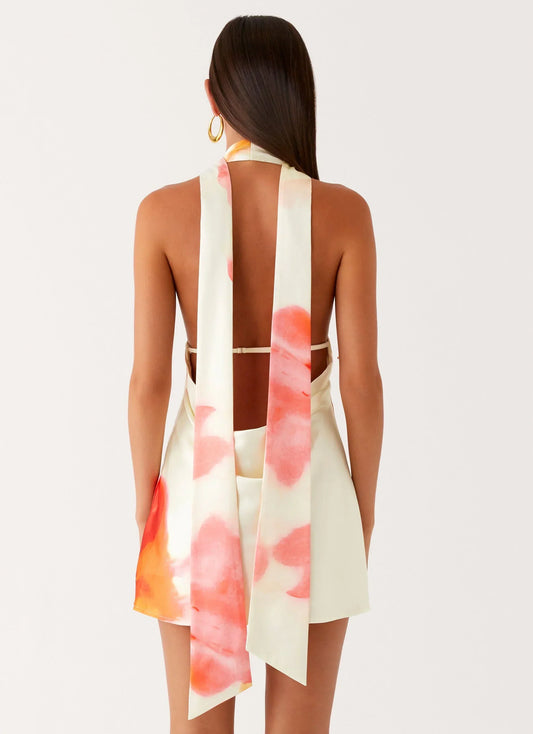 Alicia Satin Halter Mini Dress - Mimosa Blossom