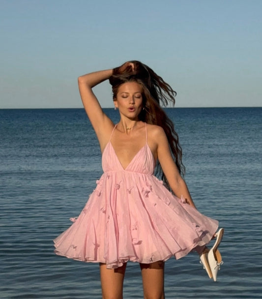 Halter Deep Open Back 3D Flower Pink Beach Vacation Mini Dress