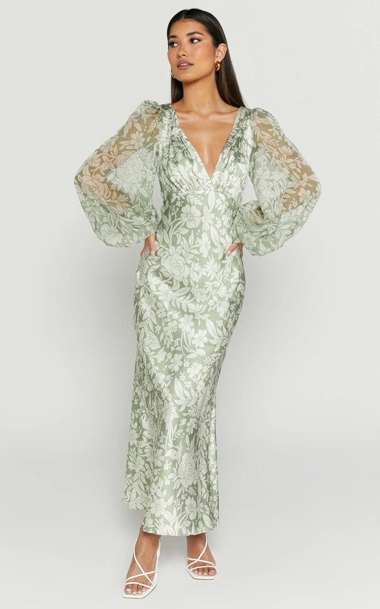 Freollyn Midi Dress - Deep V Neck Long Sleeve Dress In Sage