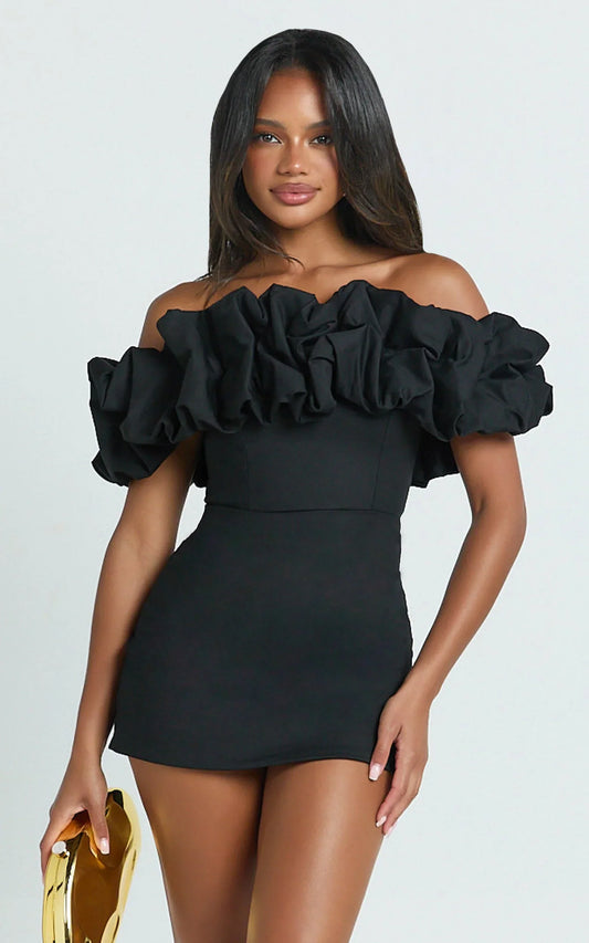 Coraline Mini Dress - Ruffle Off Shoulder Fitted Dress In Black
