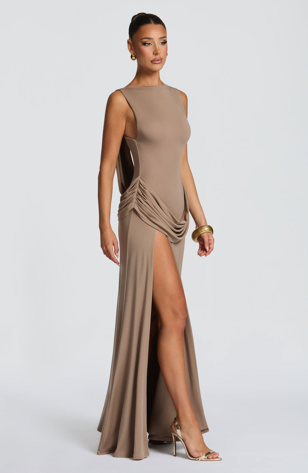 Sleeveless Ruched Backless High-Slit Bodycon Evening Gown