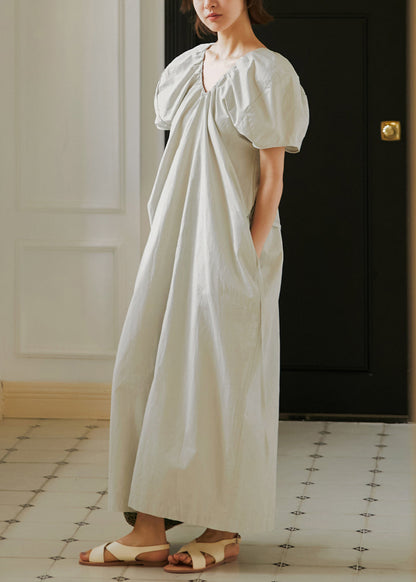 French Grey V Neck Puff Sleeve Cotton Long Dresses