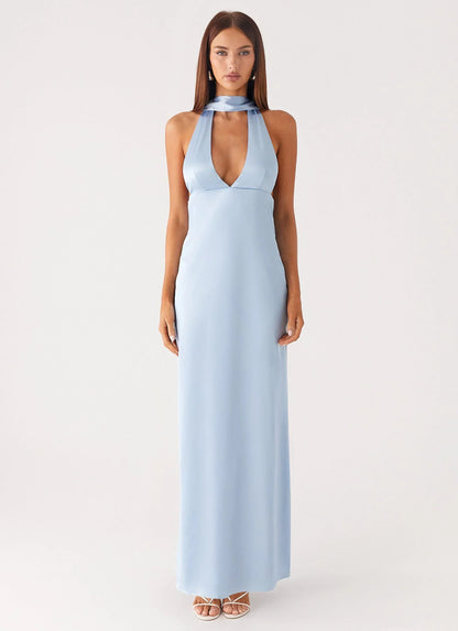 Alicia Satin Halter Maxi Dress - Baby Blue