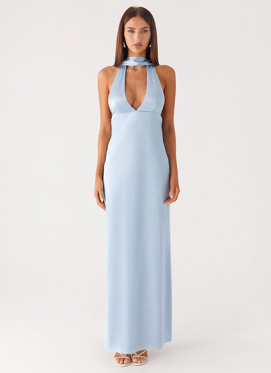 Alicia Satin Halter Maxi Dress - Baby Blue