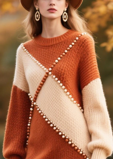 Plus Size Brown Nail Bead Patchwork Faux Fur Knitwear Dress Winter