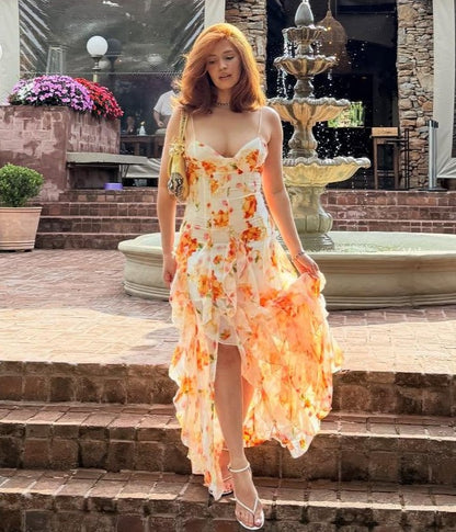 Orange Tie-Dye Floral V-Neck Cami Irregular Ruffle Maxi Dress | Vacation Elegant Beach Dress
