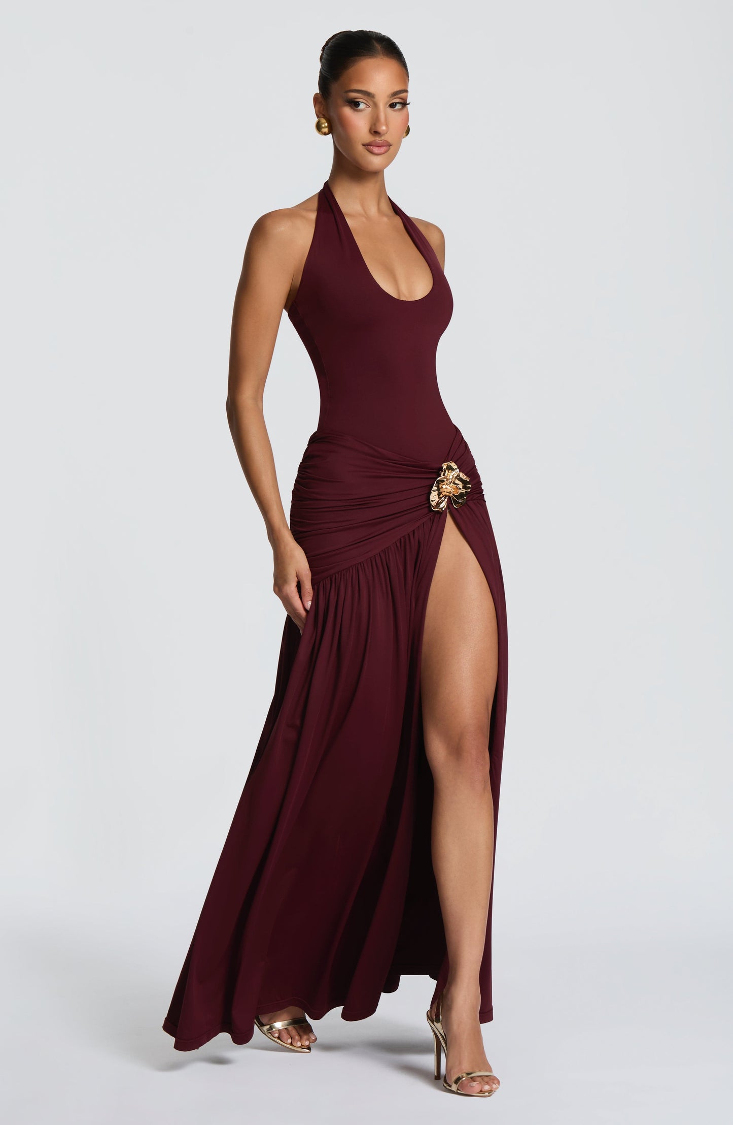 Sexy Halter Metallic Floral Accent High-Slit Floor-Length Maxi Dress