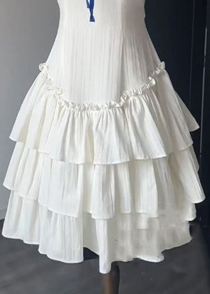 French White Ruffled Lace Up Solid Cotton Dress Sleeveless