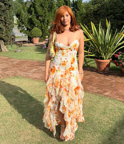 Orange Tie-Dye Floral V-Neck Cami Irregular Ruffle Maxi Dress | Vacation Elegant Beach Dress