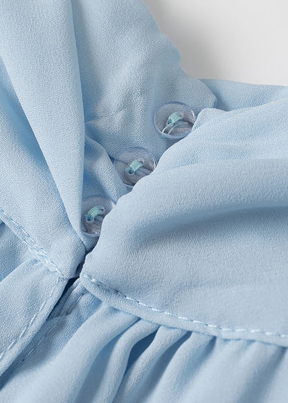 Elegant Sky Blue Button Wrinkled Chiffon Mini Dress Batwing Sleeve