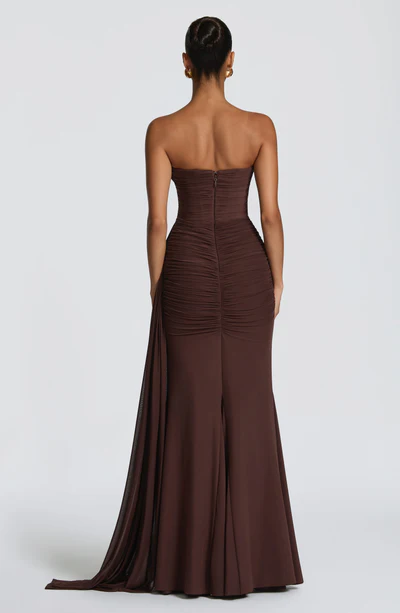 Strapless Sweetheart Ruched Mesh Drape Bodycon Mermaid Evening Maxi Dress