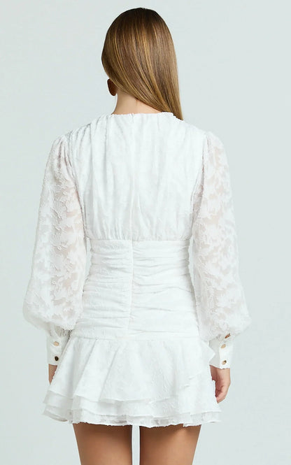 Bijou Mini Dress - Embroidery Long Sleeve Dress In White