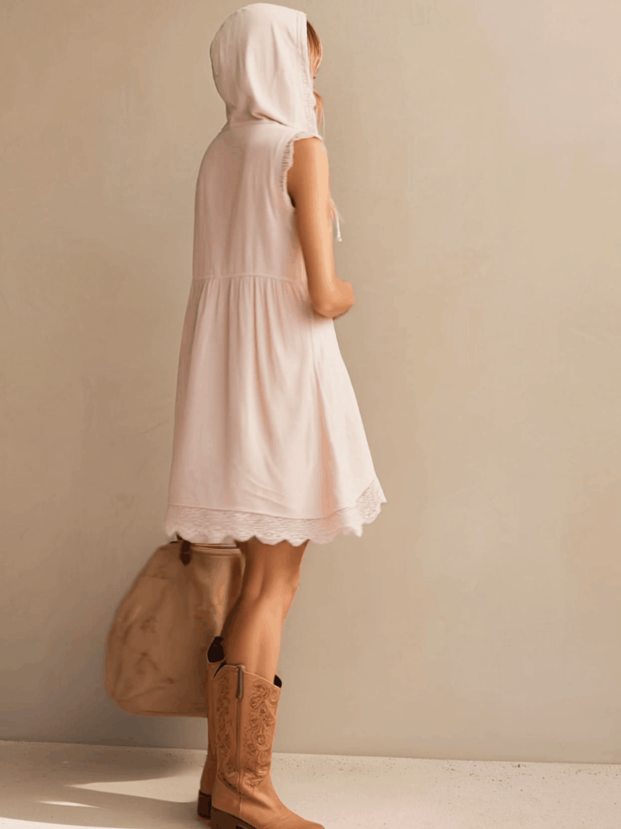 Vacation Retro Lace Pink Cotton Linen Sleeveless Hooded Mini Dress