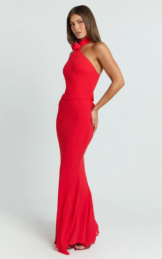 Frederica Maxi Dress - Gathered Halter Neck Godet Dress In Red