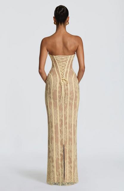 Strapless Off Shoulder Lace Corset Back Mermaid Maxi Evening Dress