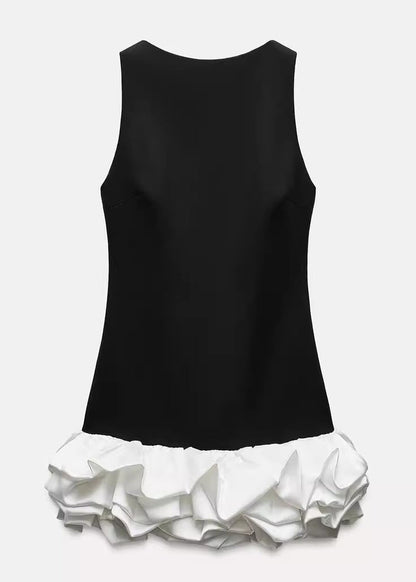 Slim Fit Black Ruffled Patchwork Cotton Mini Dress Sleeveless