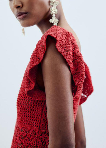 New Red V Neck Hollow Out Knit Mini Dresses Sleeveless