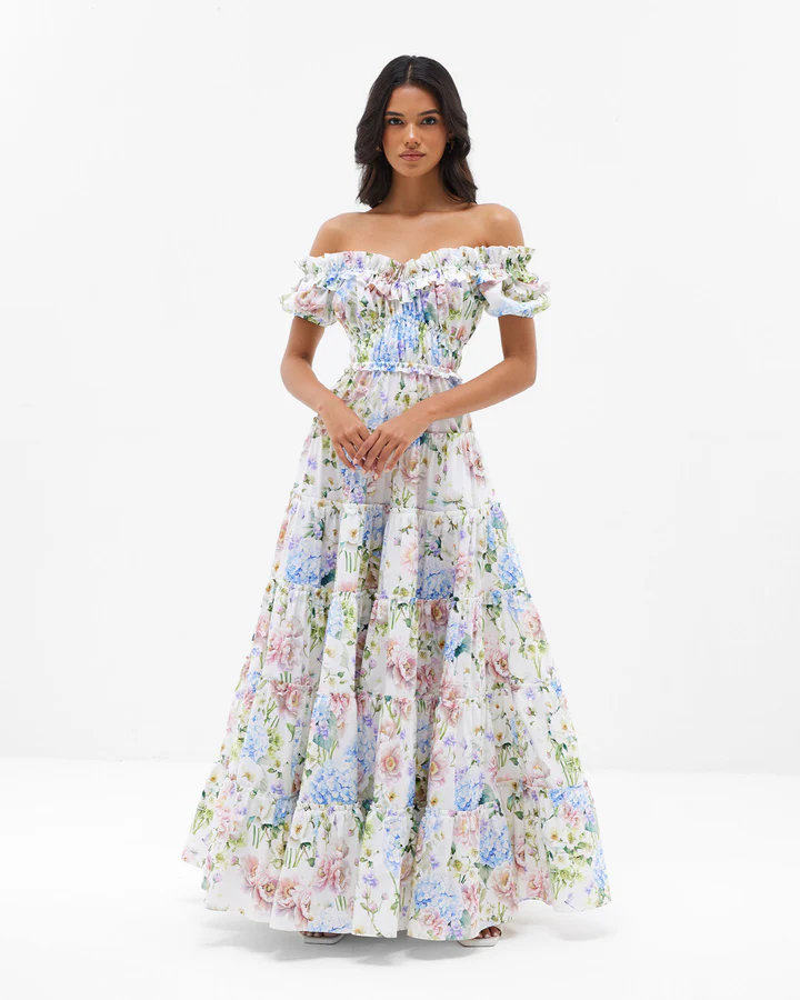 Hydrangea Floral Print Off Shoulder Smocked Waist Tiered Ruffle Maxi Dress
