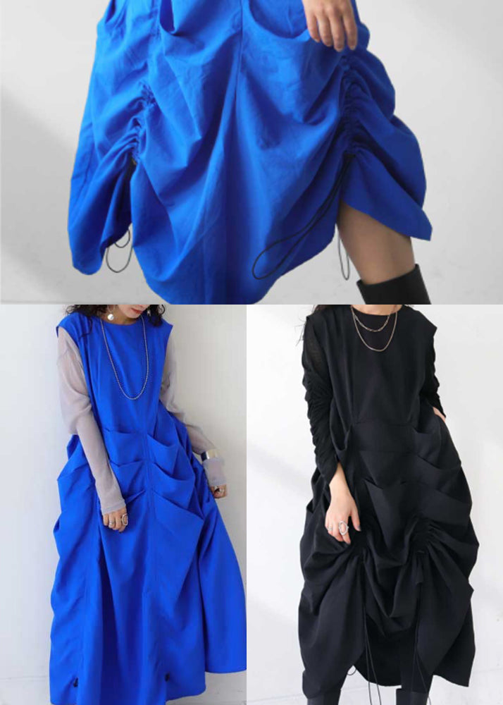 Black Cotton Robe Dresses Drawstring Wrinkled Sleeveless