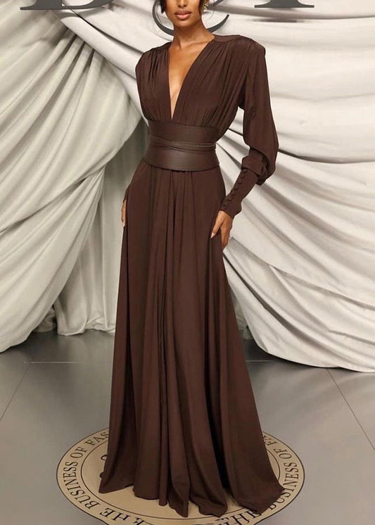 Fashion Coffee V Neck Patchwork Slim Fit Cotton Dresses Fall