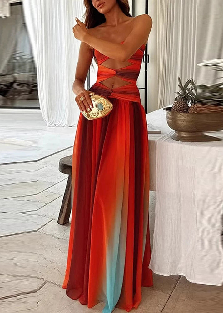 Sexy Rainbow Hollow Out Wrinkled Patchwork Cotton Vacation Dresses Sleeveless