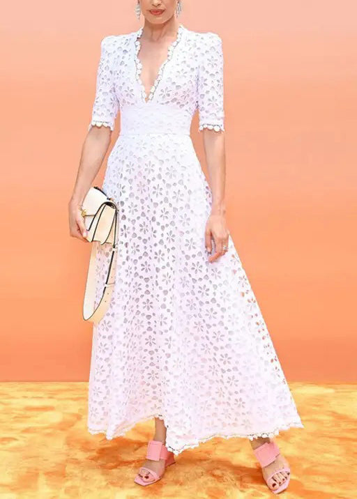 French White V Neck Patchwork Lace Long Dress Summer