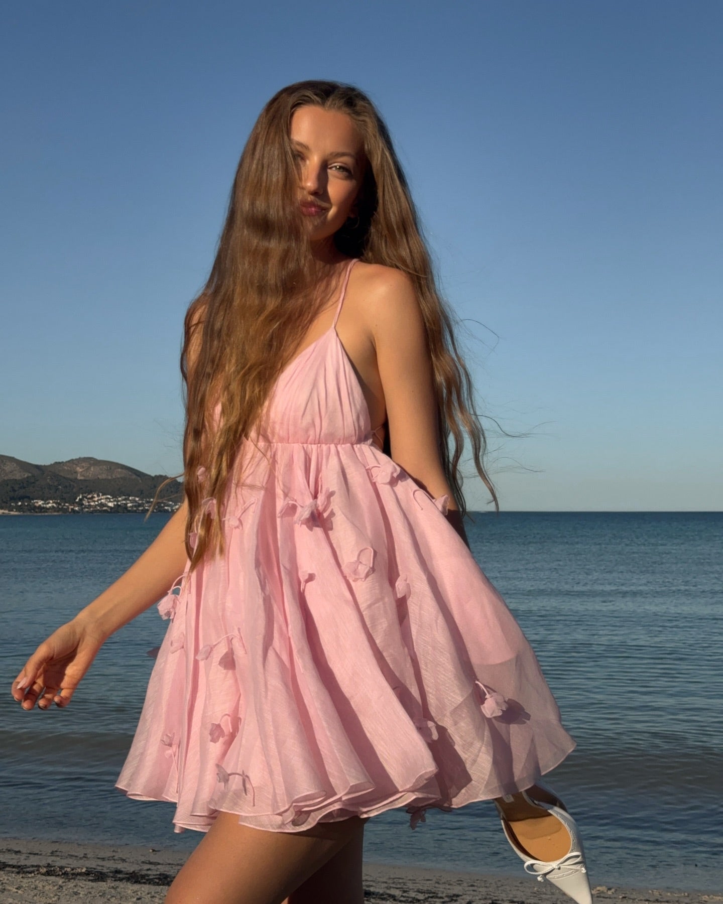 Halter Deep Open Back 3D Flower Pink Beach Vacation Mini Dress