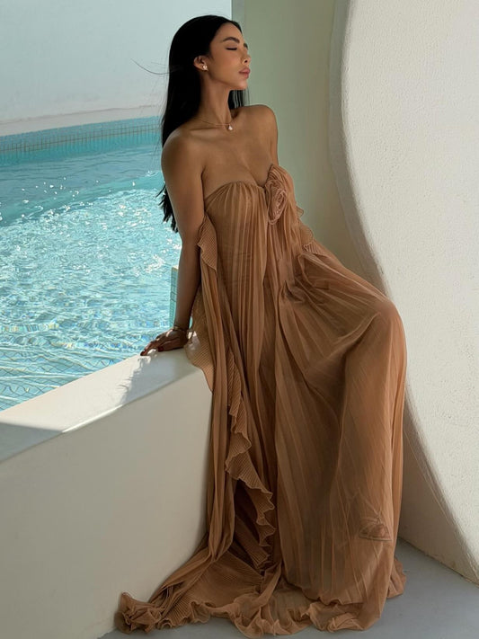 Nude Pleated Strapless Maxi Dress | Vacation Style Rose Decor Off-Shoulder Gown