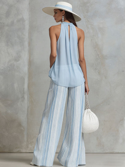 Vacation Light Blue Chiffon Sleeveless Top And Striped Wide-leg Pants Set