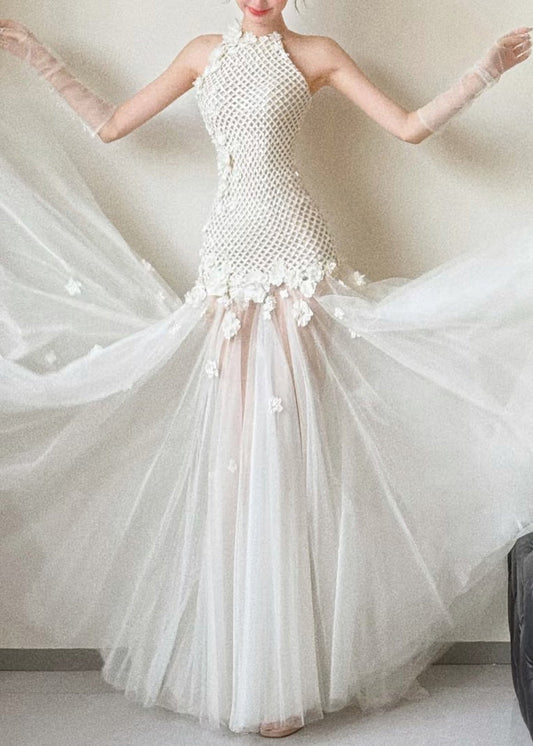 Sexy White Hollow Out Tulle Patchwork Party Dress Sleeveless