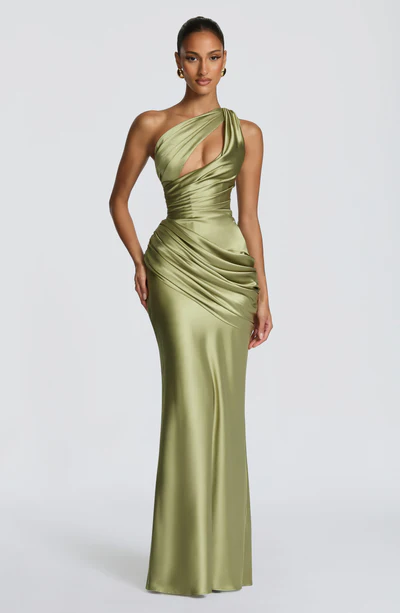 One Shoulder Cutout Satin Corset Ruched Bodycon Mermaid Evening Maxi Dress