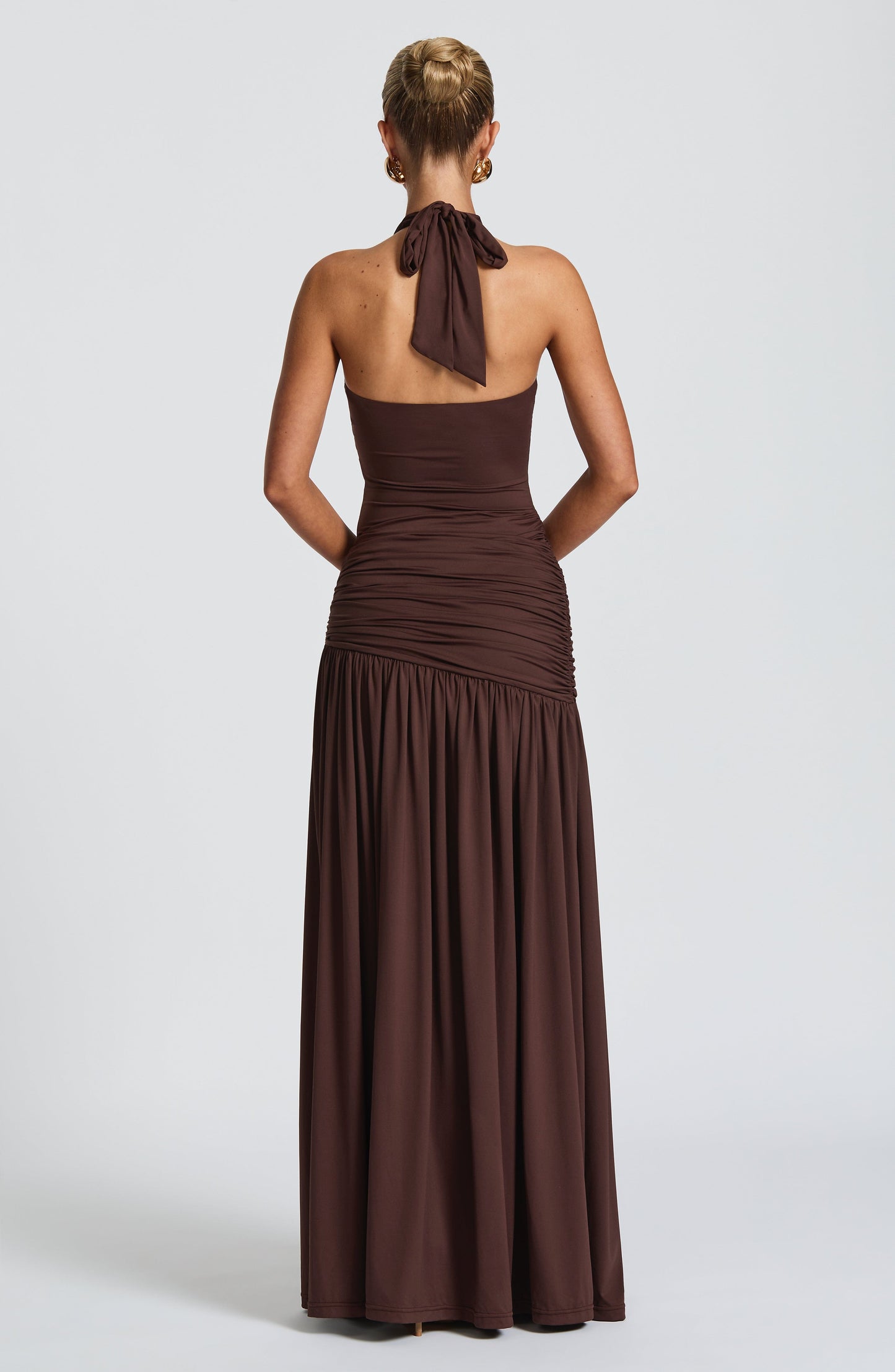 Sexy Halter Metallic Floral Accent High-Slit Floor-Length Maxi Dress