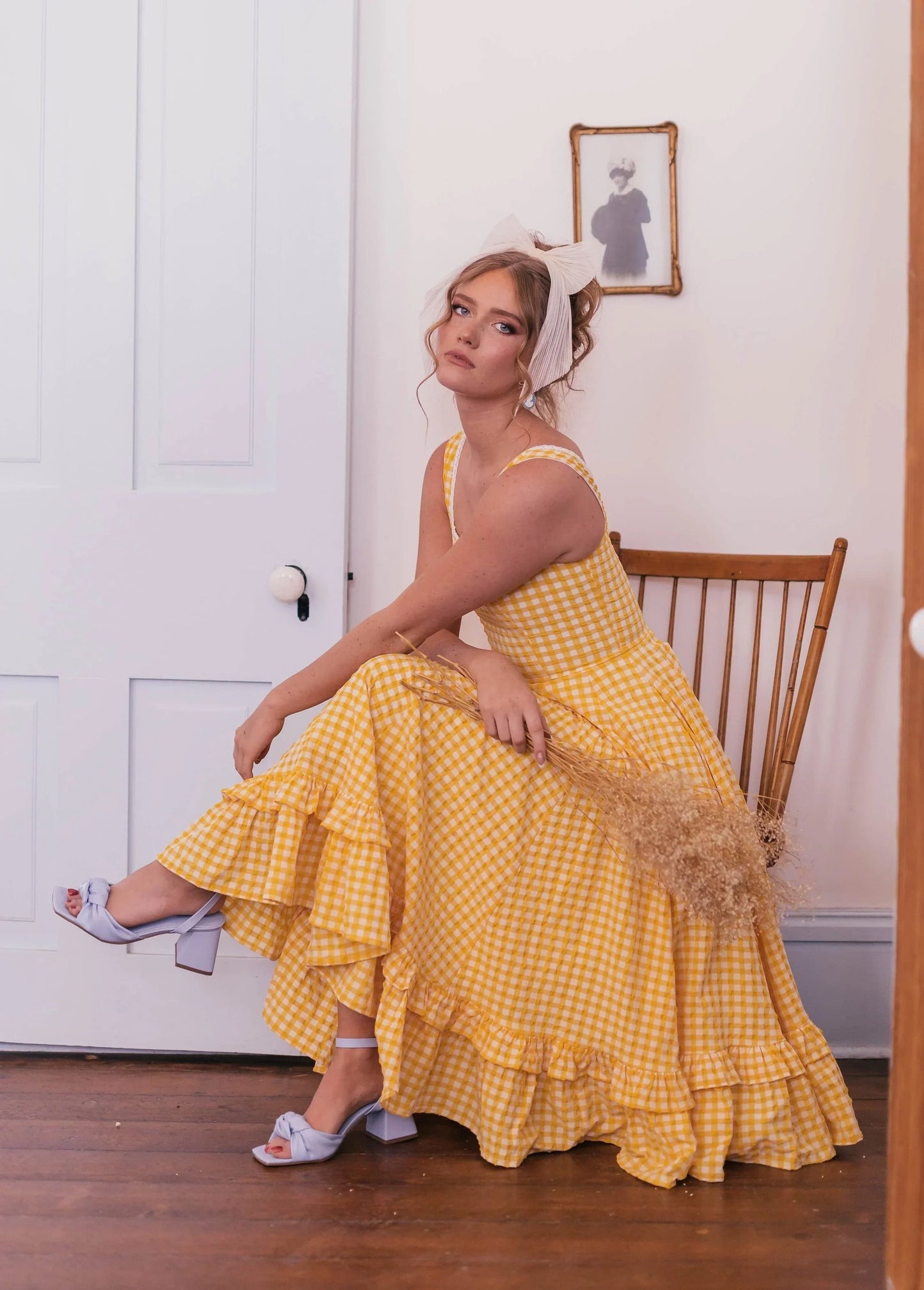 Yellow Gingham Square Neck Cami Ruffle Hem Midi Dress