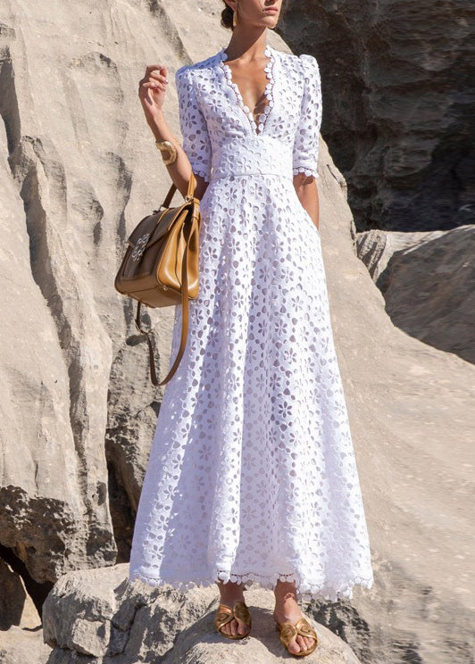 French White V Neck Patchwork Lace Long Dress Summer